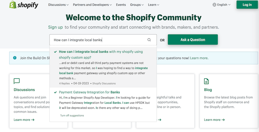 Shopify Community Forum support screenshot