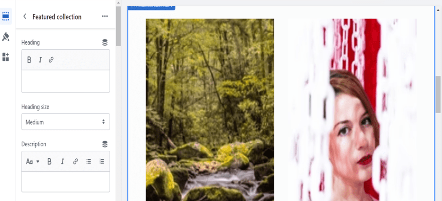 Shopify's editor, with the 'Featured Collection' tool open on the left side.