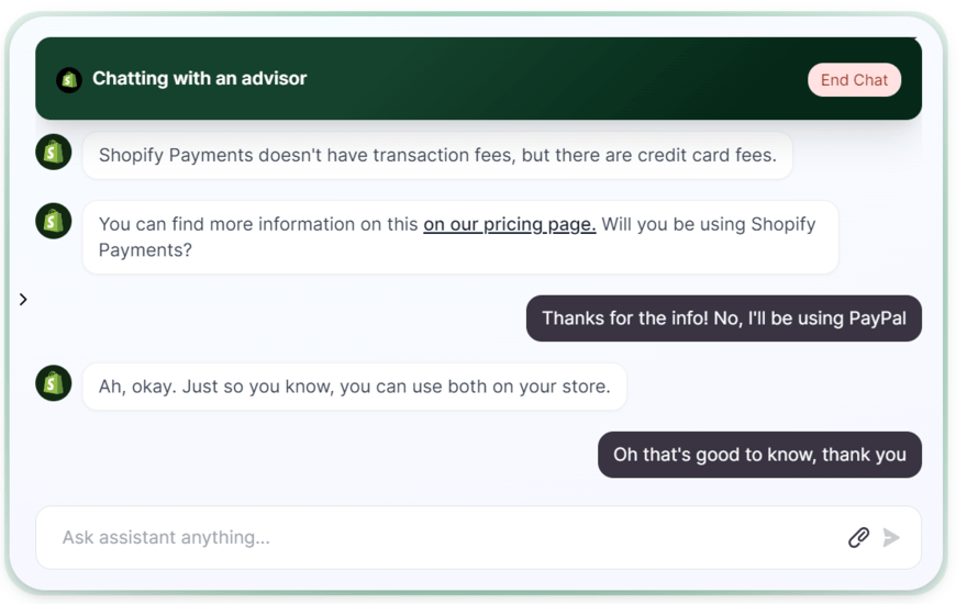 Shopify live chat between user and advisor