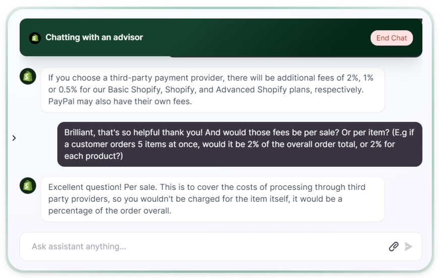 Shopify live chat between user and advisor