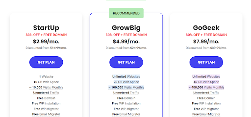 Siteground's three managed wordpress plans with blue CTA's and a price summary underneath