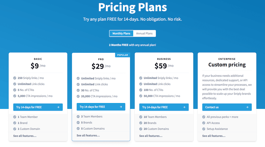 Sniply four monthly pricing plans in squares displaying key features