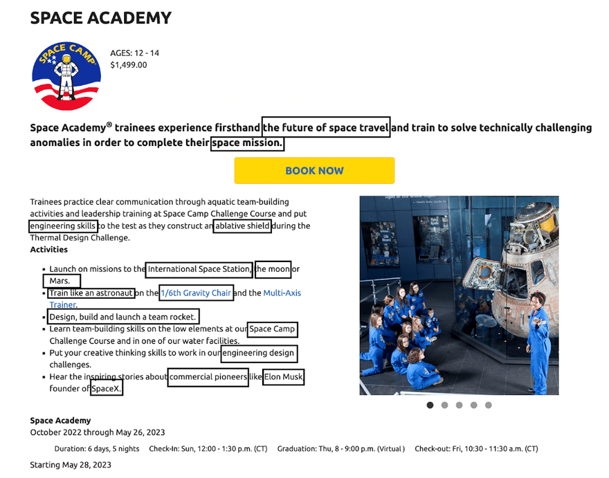 Space Camp advertisement for Space Academy, with keywords circled