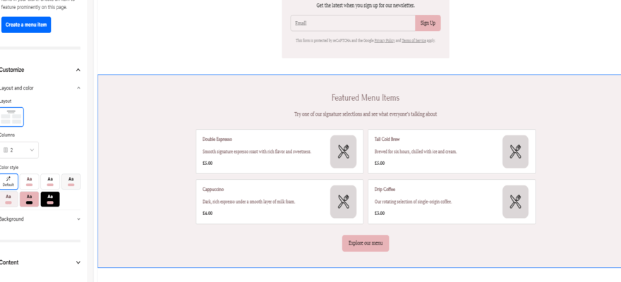 Image of Square Online Editor, showing a menu component and editing menu open on the left.