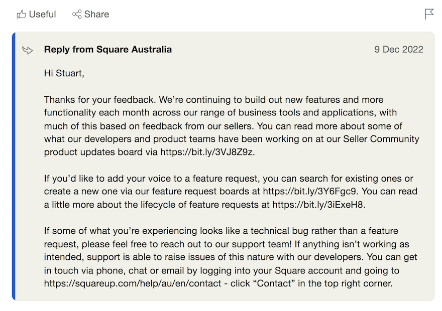 Square Trustpilot review response