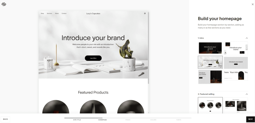 Step two on Squarespace Blueprint's set up, asking users to design a homepage - there's a preview of the website to the left and design options on the right