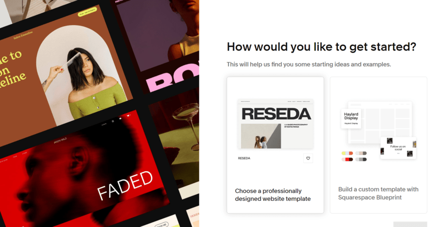 Squarespace sign up process asking the user what design choice they want: a template or Squarespace Blueprint