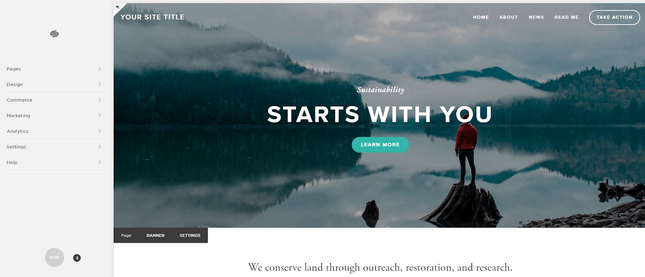 squarespace editor showing a website to be edited which features a scenic background of a mountaineer overlooking a lake