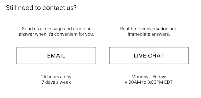 Squarespace email and live chat support buttons screenshot