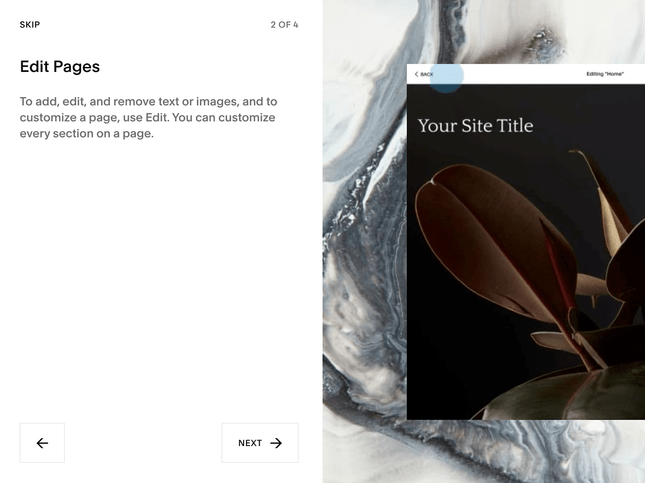 squarespace getting started with a the left side having a dark, modern design