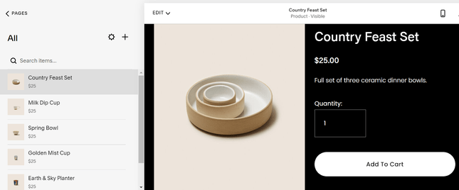 squarespace inventory system with menu and picture of crockery