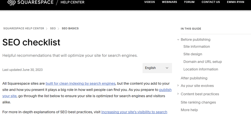 Squarespace SEO checklist page