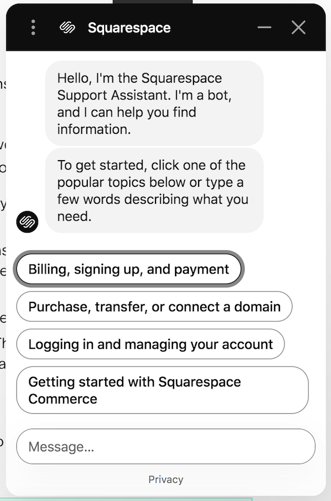 Squarespace Support Assistant suggested articles screenshot