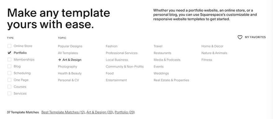 Squarespace template selection screenshot