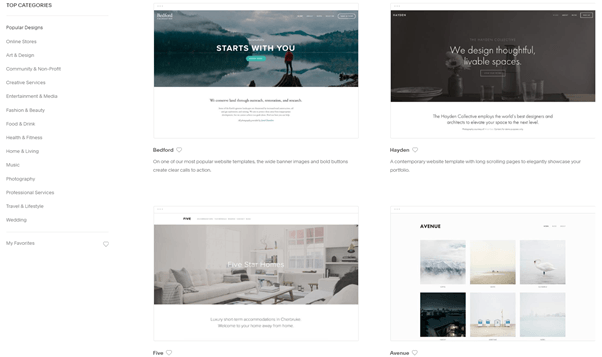 Squarespace Themes showcasing four in a search with a side bar menu for narrowing down search
