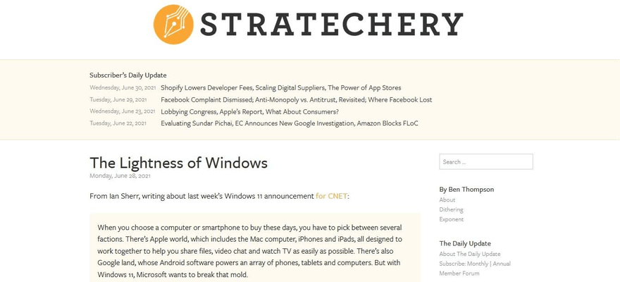 Stratechery blog page uses light yellow color to highlight areas.