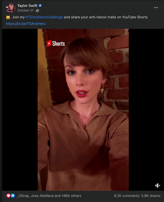 A Facebook Short showing Taylor Swift talking to camera