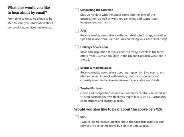 The Guardian Email Preferences screenshot