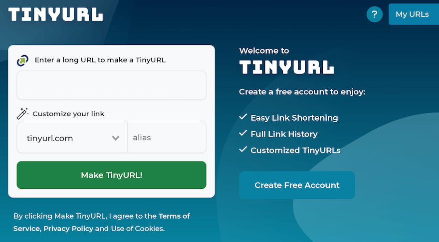TinyURL homepage - blue background, with a form to shorten a URL