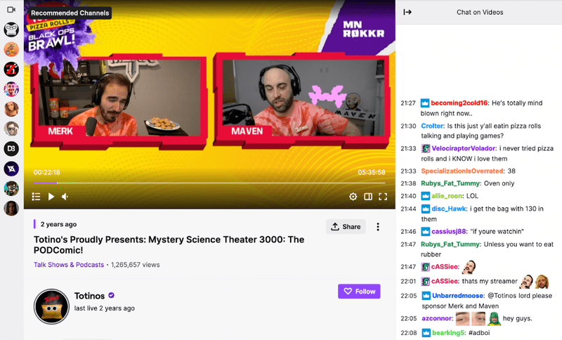 Totino's Twitch video with yellow background on left with user comments on the right