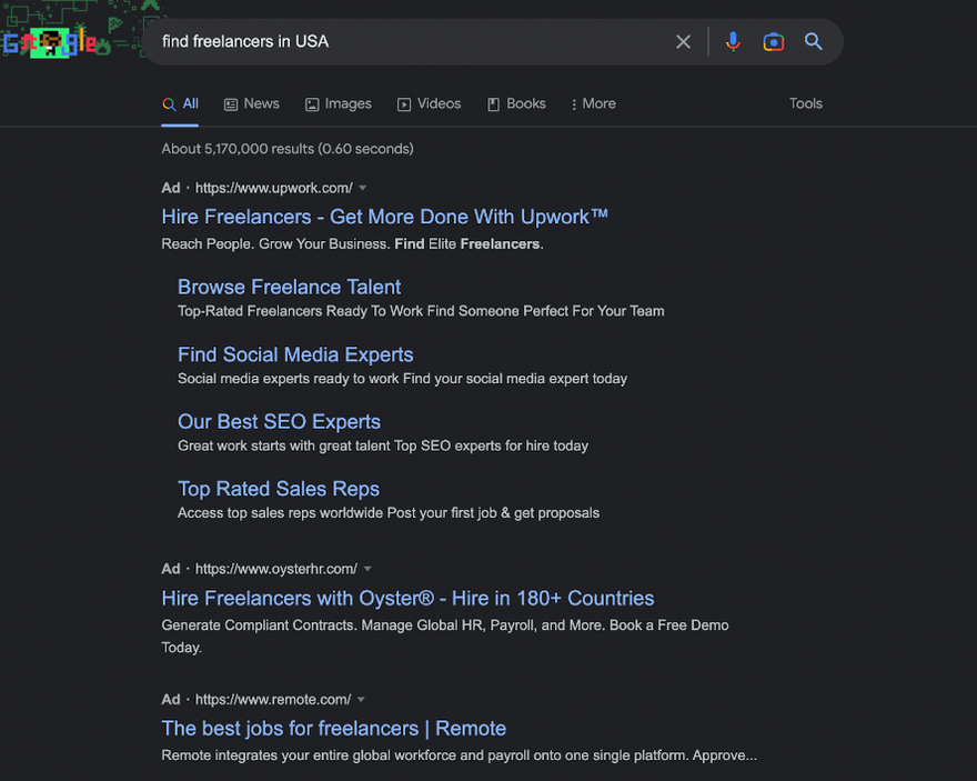 Google search result page in dark mode showing results for "find freelancers in USA"