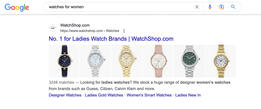 Google result page for "watches for women" search showing link to WatchShop website