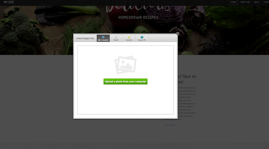 Pop up over a website homepage, featuring a button to upload new images to the editor