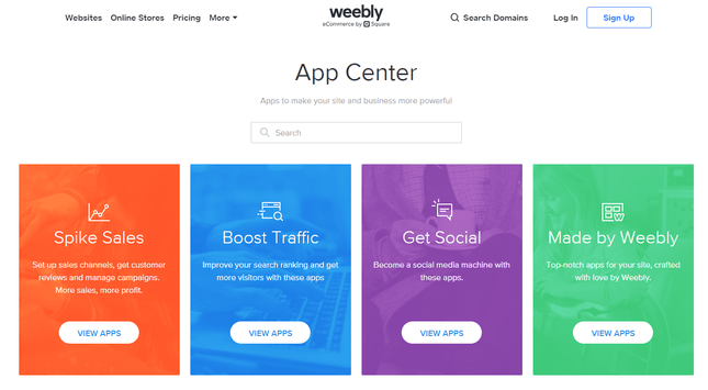 weebly app center with orange, blue, purple and green blocks denoting different categories of apps