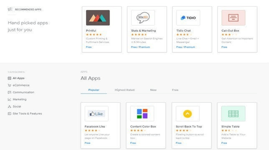 Homepage of Weebly's app store featuring a selection of hand-picked apps in rows