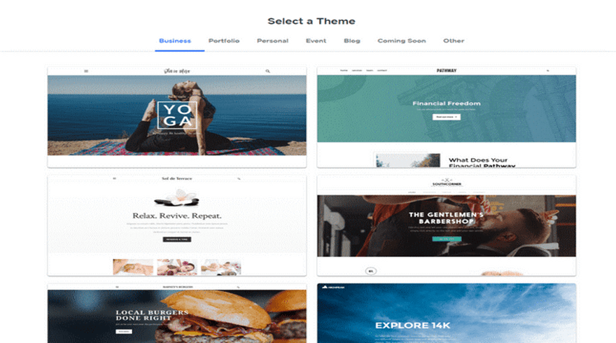 Selection of Weebly website themes with industry categories above to help filter