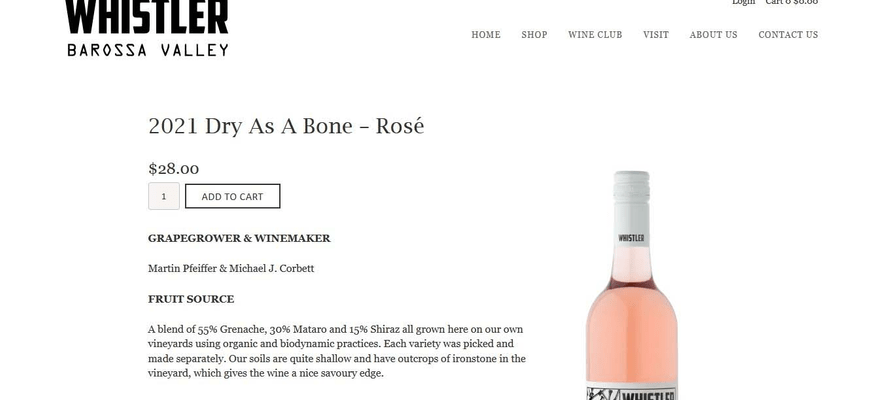 Whistler Wines’s Square Online store sports elaborate product descriptions.