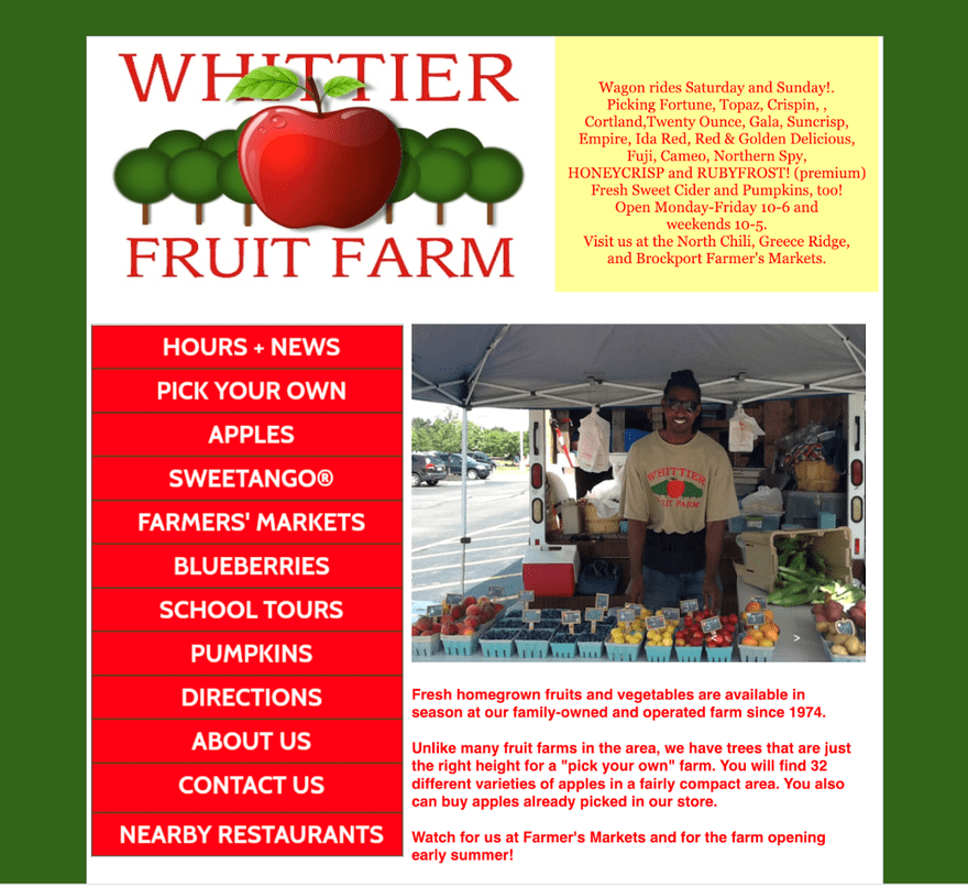Whittier Fruit Farm homepage with green background and red side menu