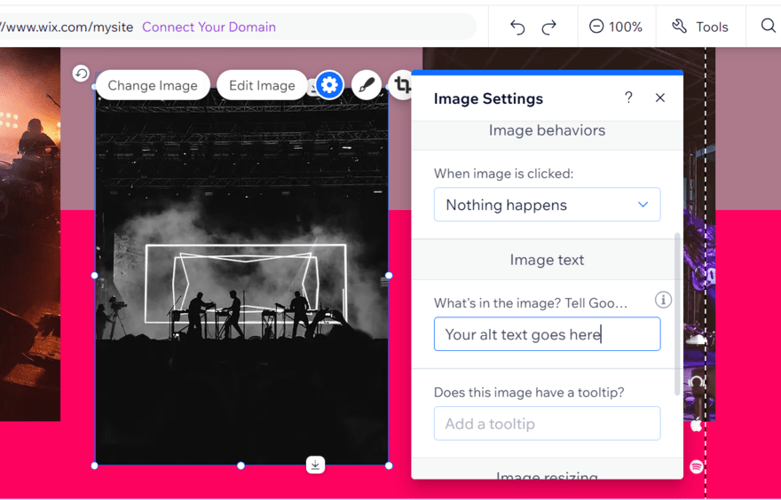 Image settings pop up in Wix editor