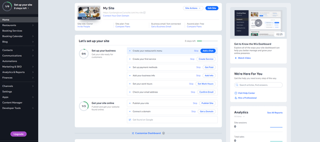 Wix Dashboard with menu on the left and summary of the various settings of your website