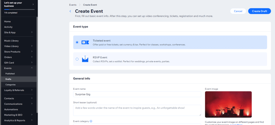 Managing events in Wix's backend dashboard
