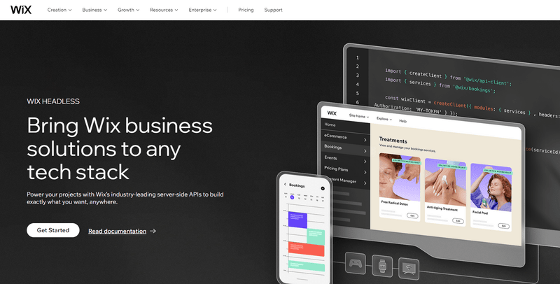 screenshot of wix headless, showing three layouts of wix on a phone, computer screen and developer console on a black background