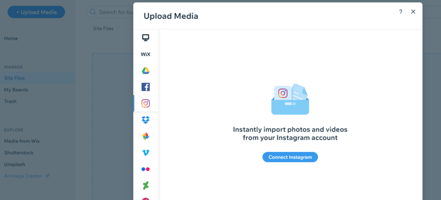 Connect with Instagram button on Wix's editor