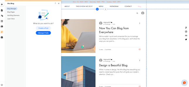 Wix Manage Blog Posts in bacend editor featuring sidear menu and examples of blog posts with opening image