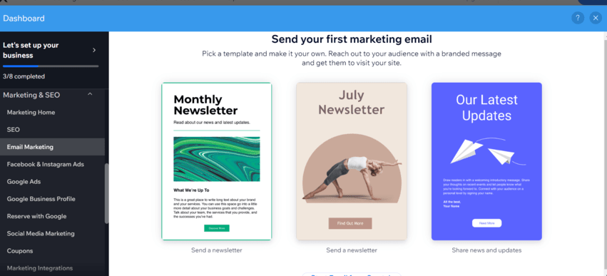Email marketing templates in Wix's marketing dashboard
