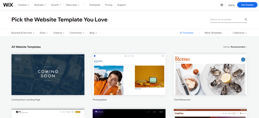 Wix presenting a variety of template examples from photography to restaurant