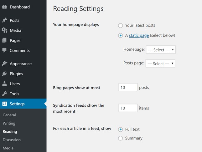 wordpress blog setting static homepage