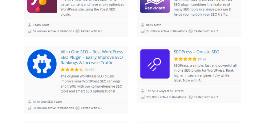 Selection of SEO plugins available on WordPress.org