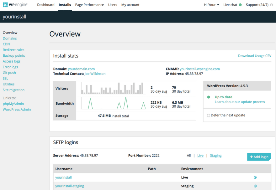 WPEngine control panel User Portal