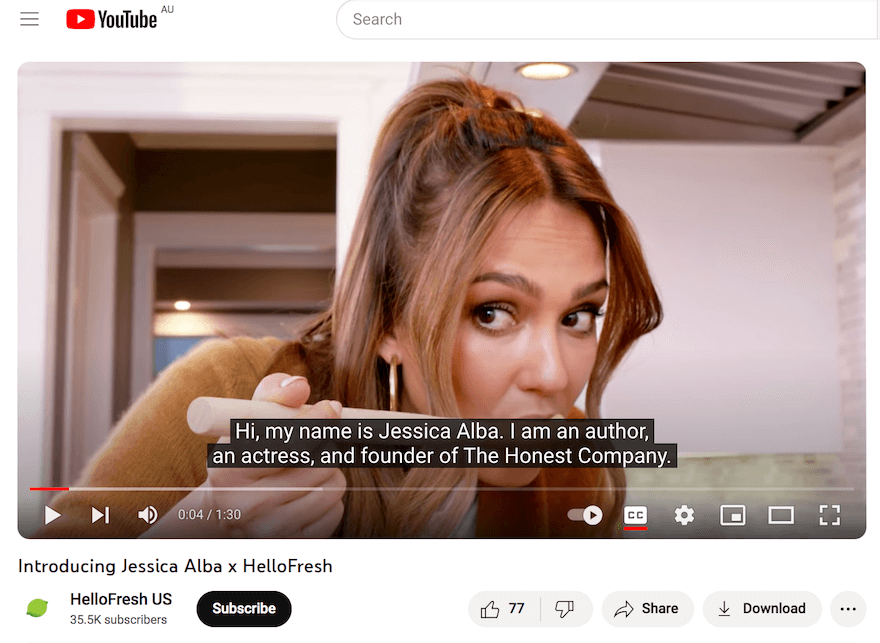 YouTube ad Jessica Alba x HelloFresh screenshot