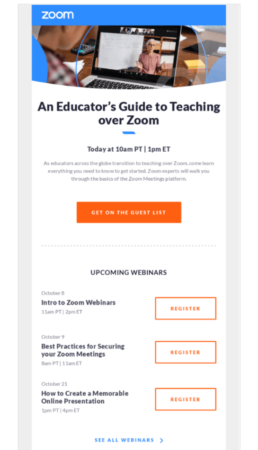 Welcome email from Zoom listing upcoming webinars
